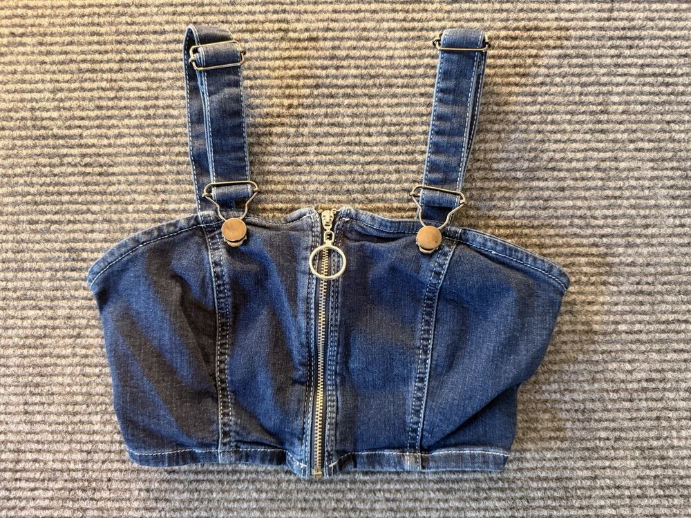 Urban Outfitters Denim Overall Crop Top XS Blue Zip Front Adjustable Straps